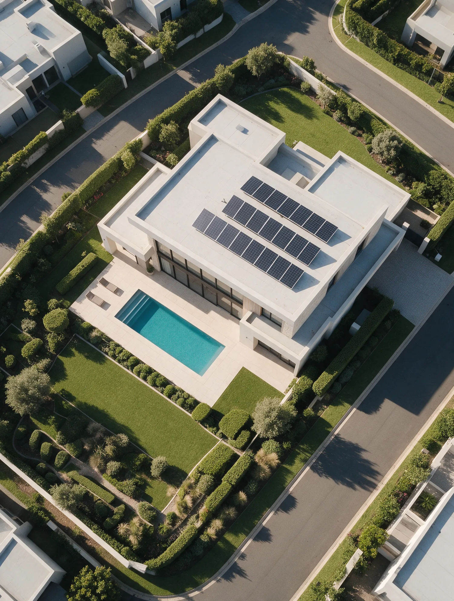 The same house from above: the roof with its solar panels, the pool and terrace, the garden, the driveway to the gate and the boundary around the plot.
