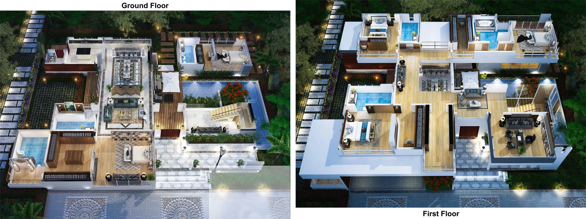 A real two-storey house plan Housifi worked on, ground floor and first floor, shown as a 3D cutaway.